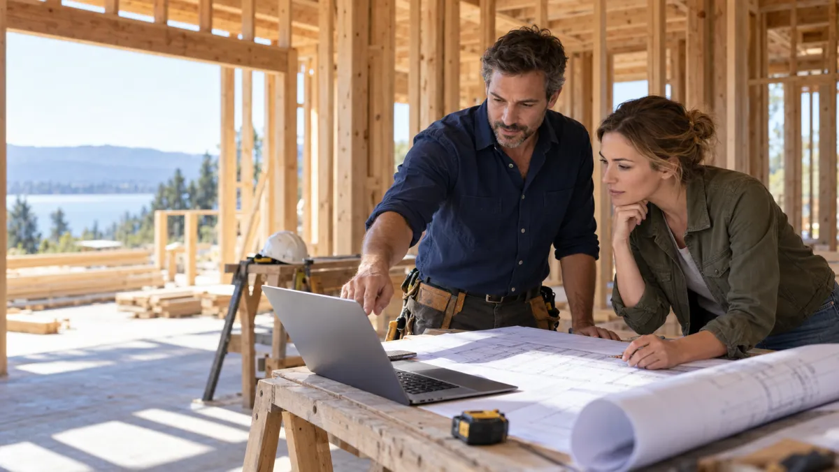 Builder and finance partner reviewing plans and a budget inside a home under construction.