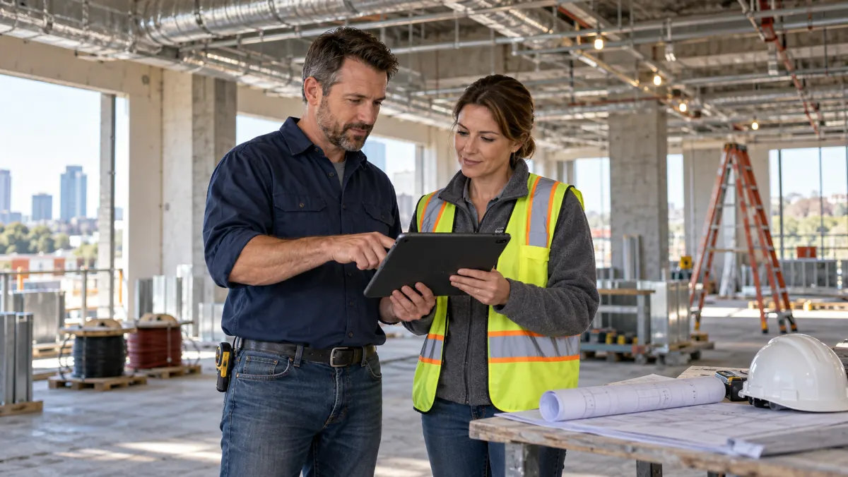 Commercial subcontractor and finance partner reviewing job costs on a tablet inside a building under construction, with exposed ductwork and conduit overhead.