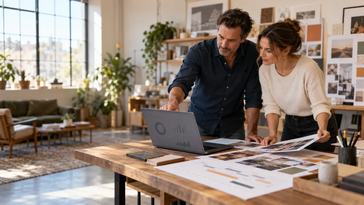 Agency partners reviewing project financial reports on a laptop beside design boards and material samples.