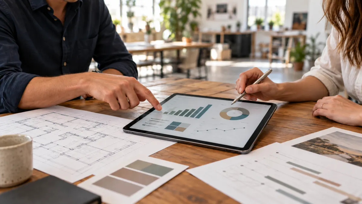 Design firm team reviewing project financial reports on a tablet beside architectural floor plans and material swatches.