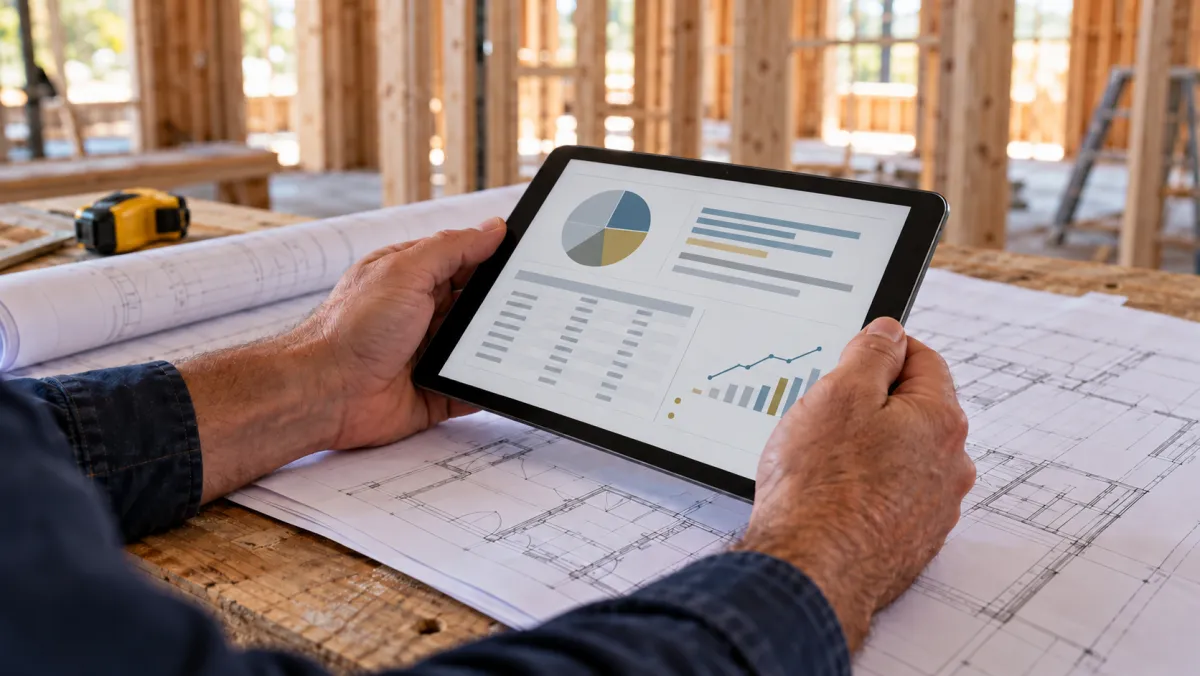 Construction owner reviewing financial reports on a tablet over building plans.