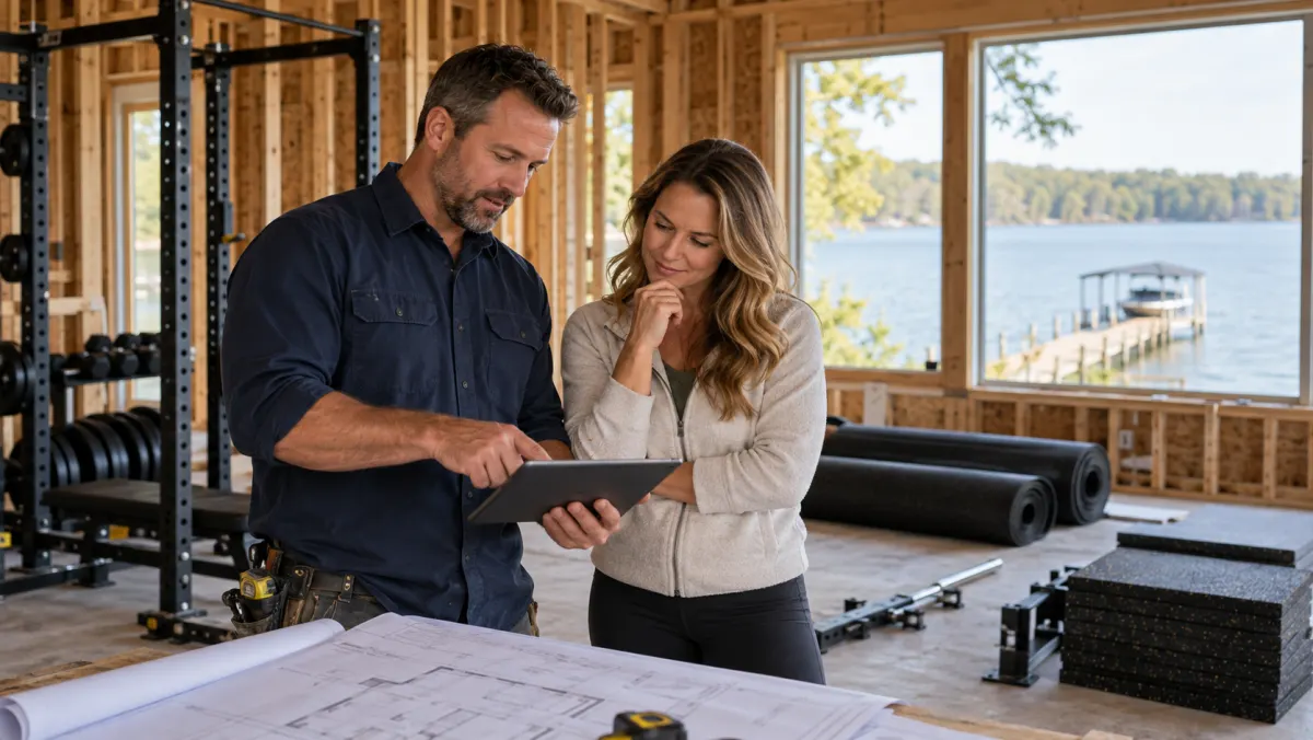 Contractor and client reviewing a tablet and plans inside a lakeside home gym under construction, with a boat dock visible through the window.