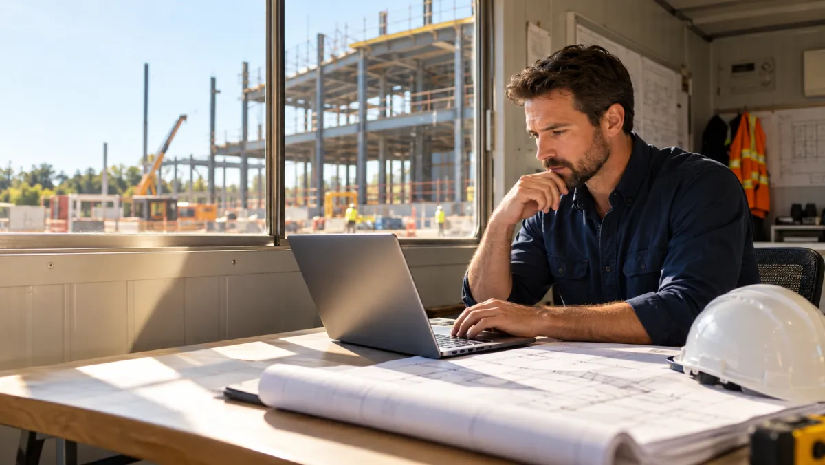 General contractor reviewing job financials on a laptop in a site office overlooking a commercial build.