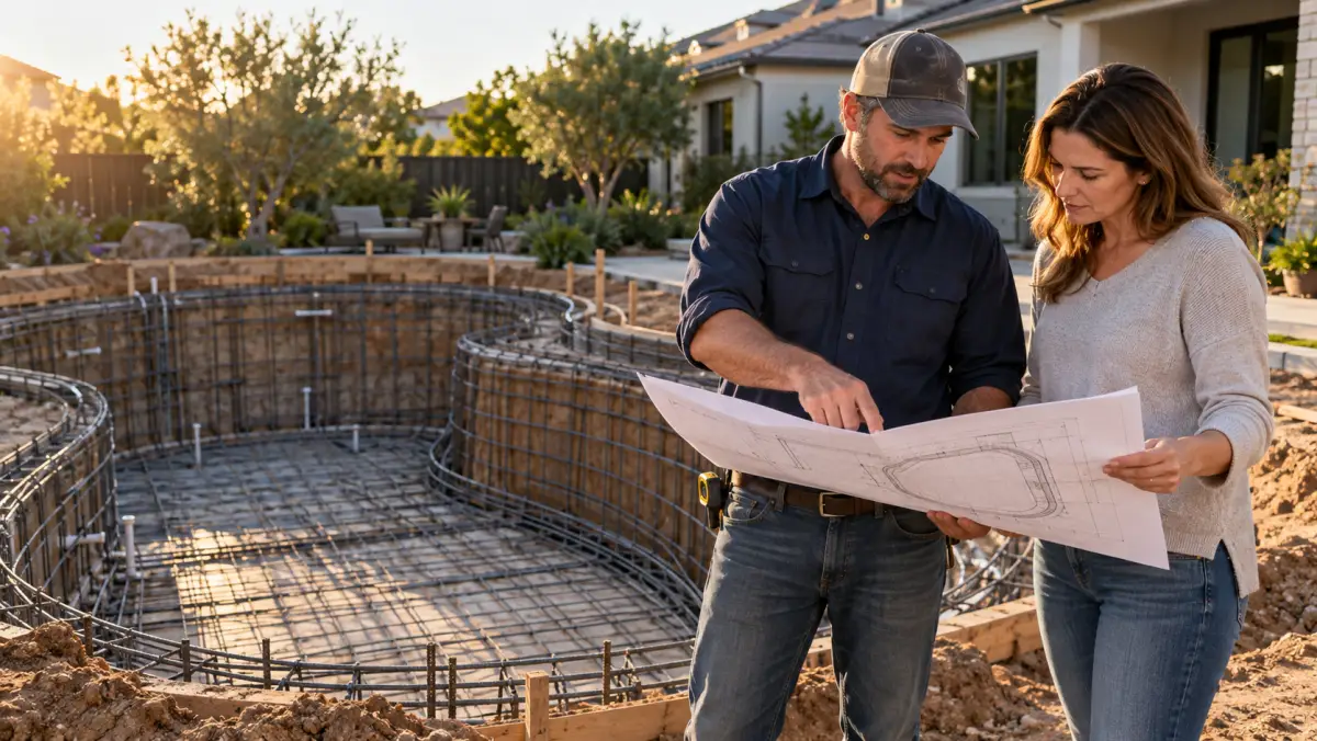 Pool builder and homeowner reviewing plans beside an excavated pool with rebar in place.