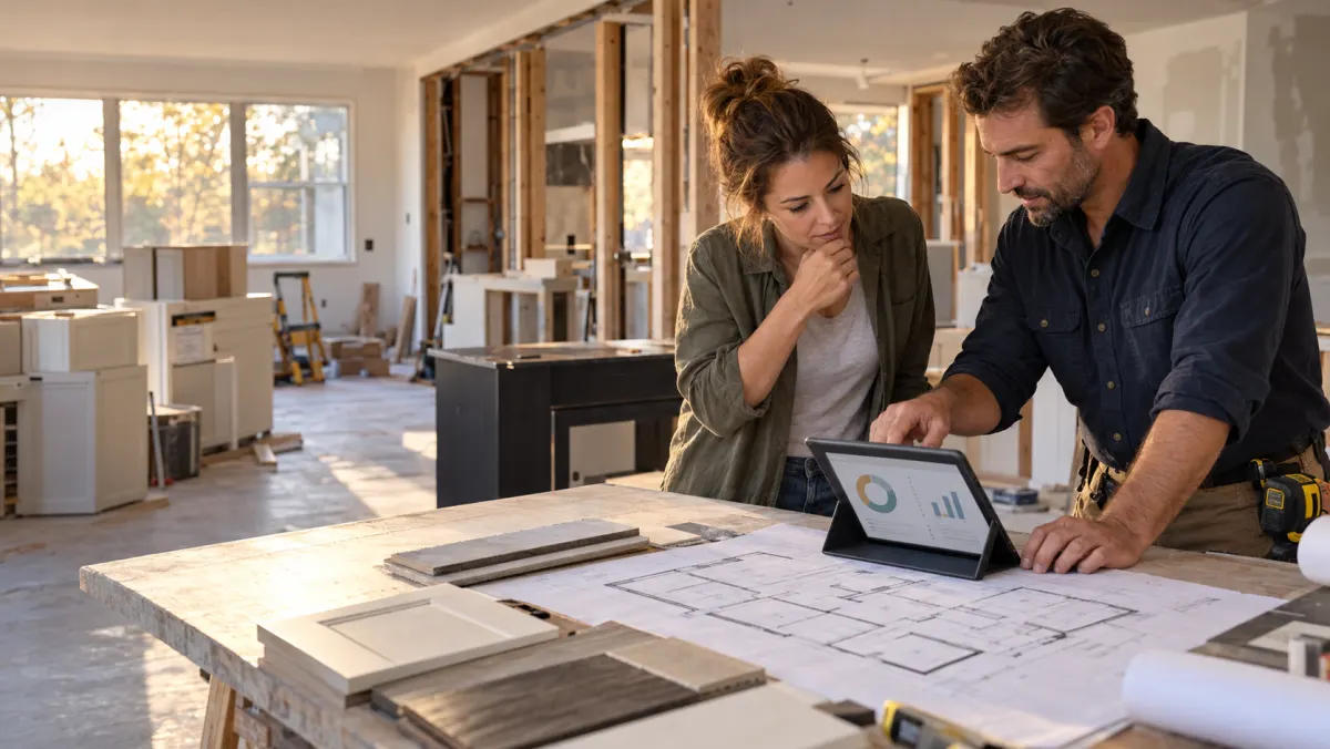 Remodeler and homeowner reviewing a renovation budget on a tablet over floor plans and material samples.