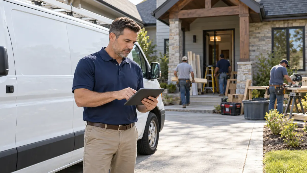 Franchise owner reviewing job reports on a tablet beside a work van while a renovation crew works at a home.